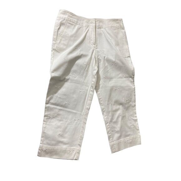 Talbots Womens Cropped Pant 6 Petite White Embroidered Dragonfly Stretch Preppy - Picture 1 of 5